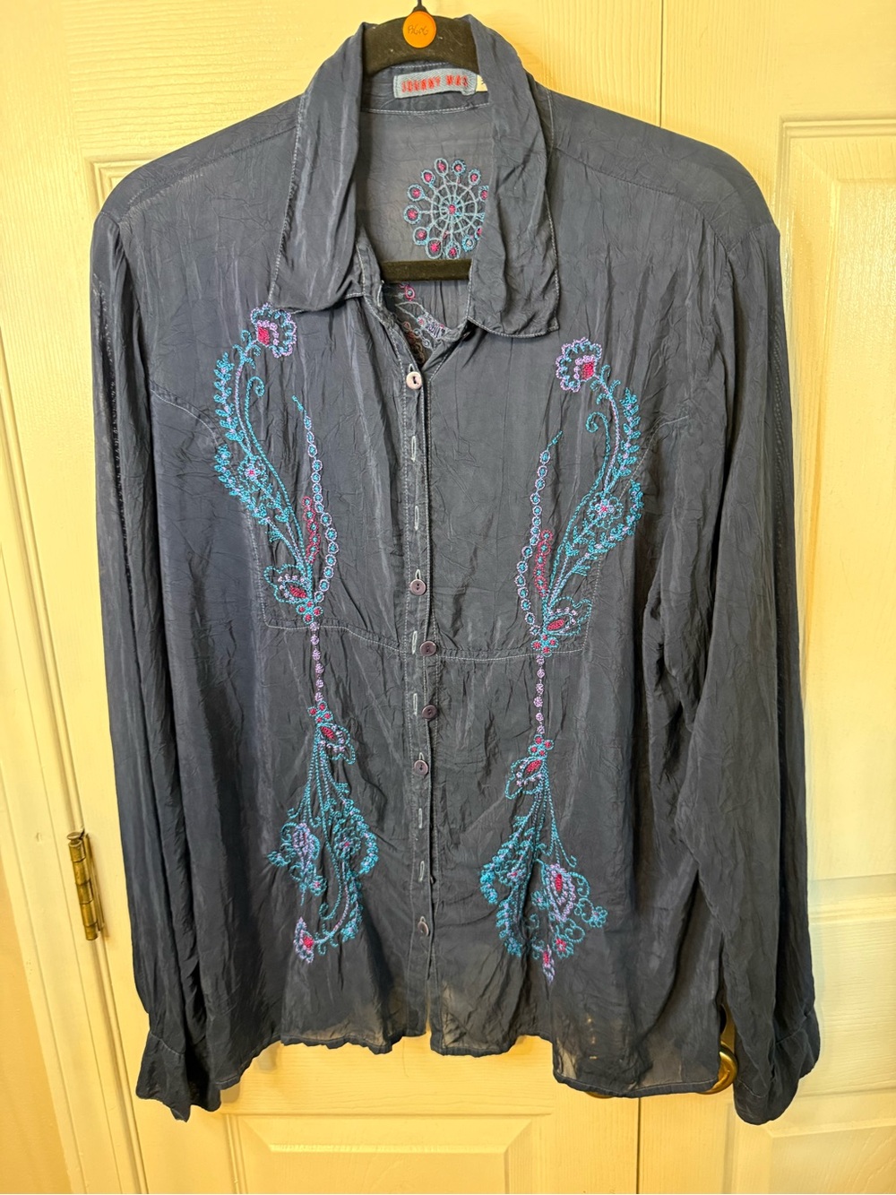 Johnny Was Slate Blue Embroidered Button-Down Shirt